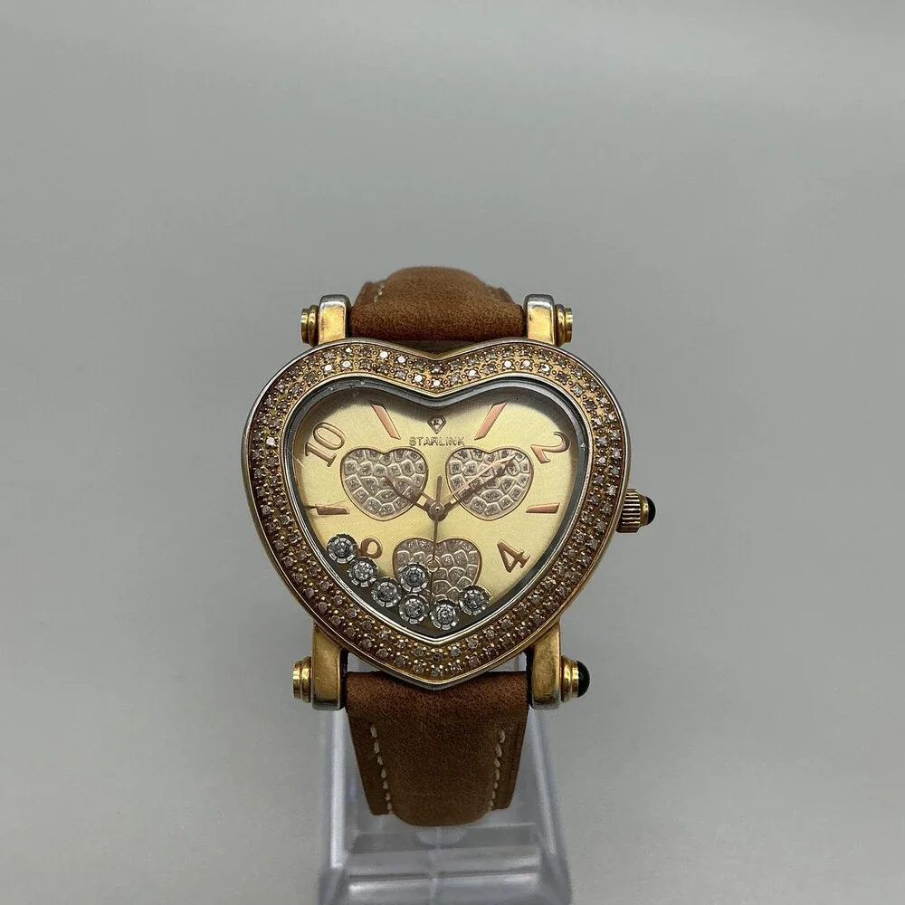 Starlink Womens Watch 38mm Gold Tone Heart Diamond Bezel Leather New Battery